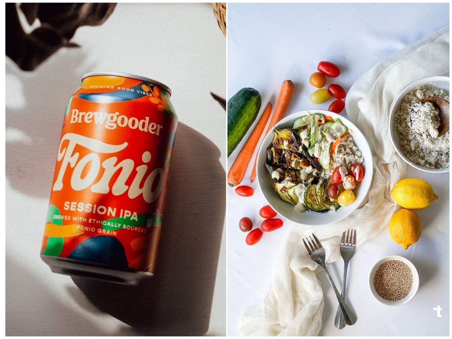 A can of fonio beer is pictured next to a fonio rice bowl recipe with vegetables.