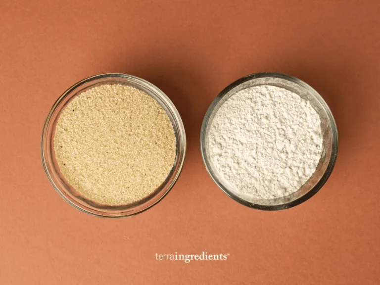 Shown: Uncooked, pearled white fonio grain (left) and fonio flour (right)