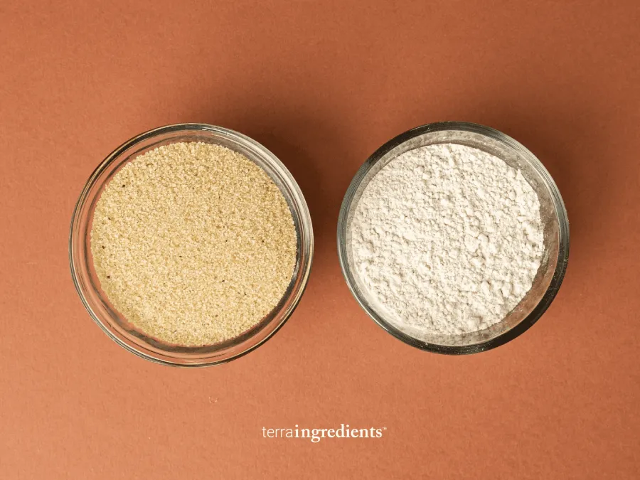 Shown: Uncooked, pearled white fonio grain (left) and fonio flour (right)
