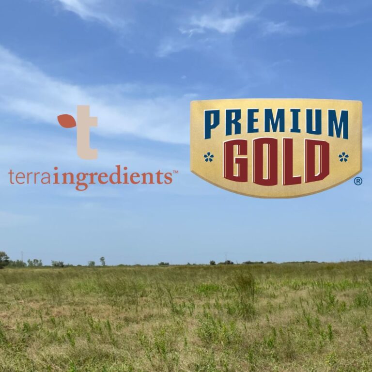 Terra Ingredients + Premium Gold logos next to each other over a field of fonio crops