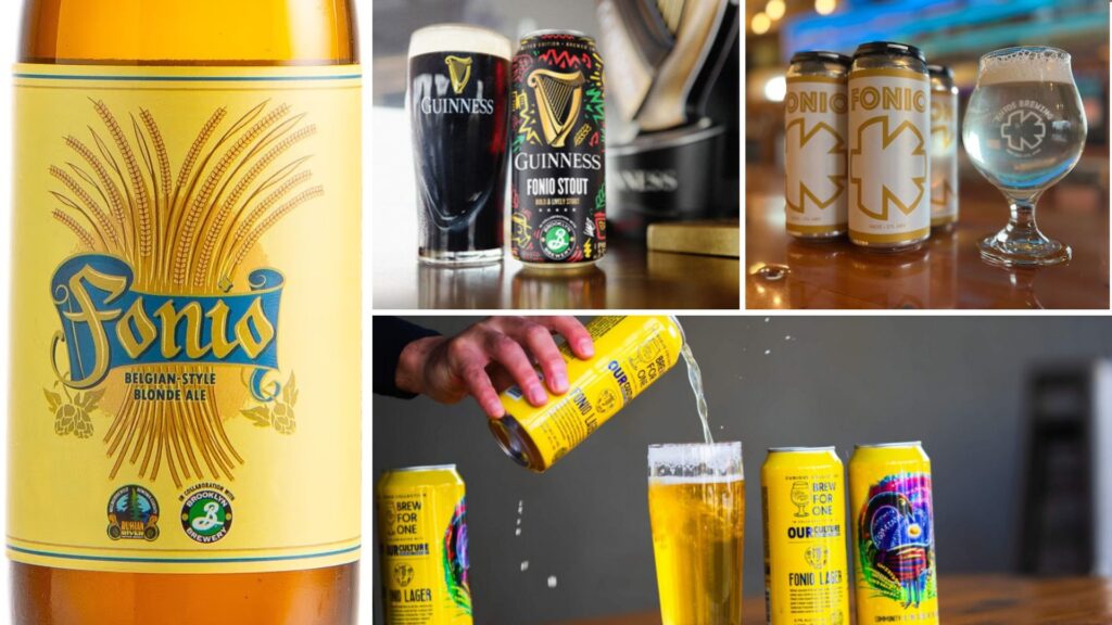 Various cans, bottles and glasses of fonio beer are displayed in a collage format
