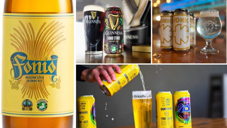 Various cans, bottles and glasses of fonio beer are displayed in a collage format