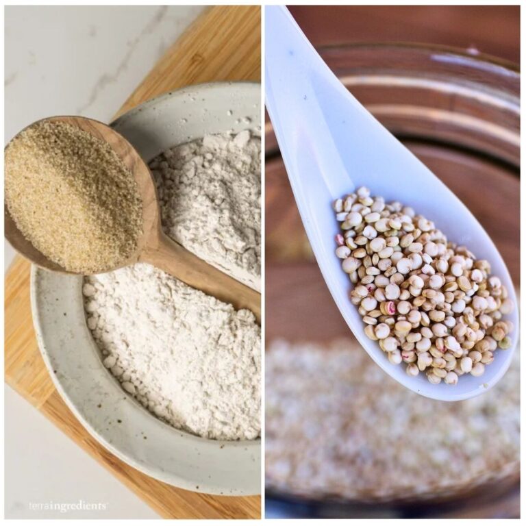 Fonio grain and flour is presented in a bowl and on a wooden spoon on the left, compared to a spoonful of raw quinoa on the right.