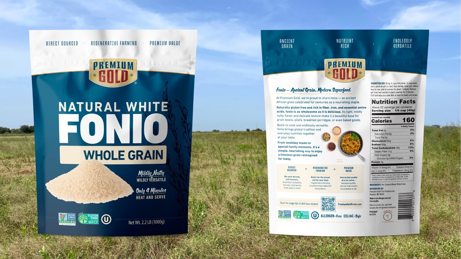 The front and back sides of a food product packaging are shown side by side