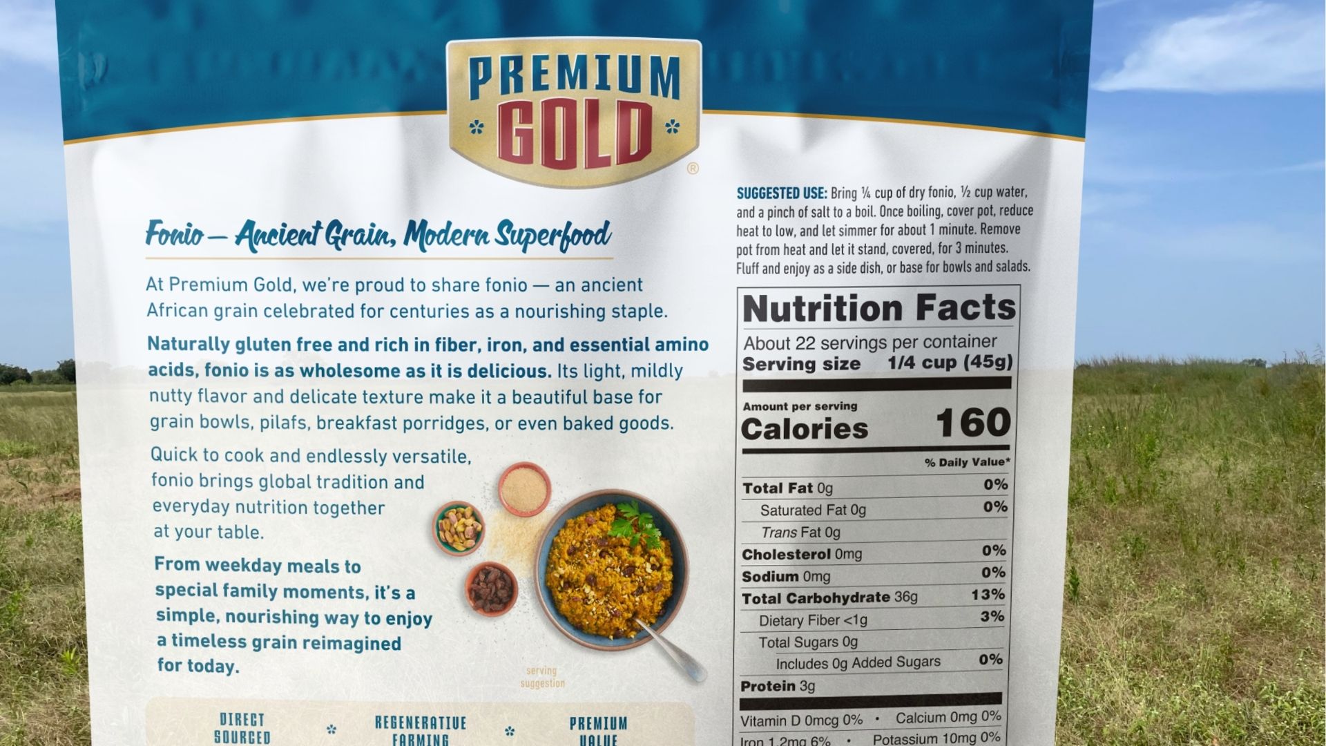 The back side of a food product package display nutrition facts and recipes