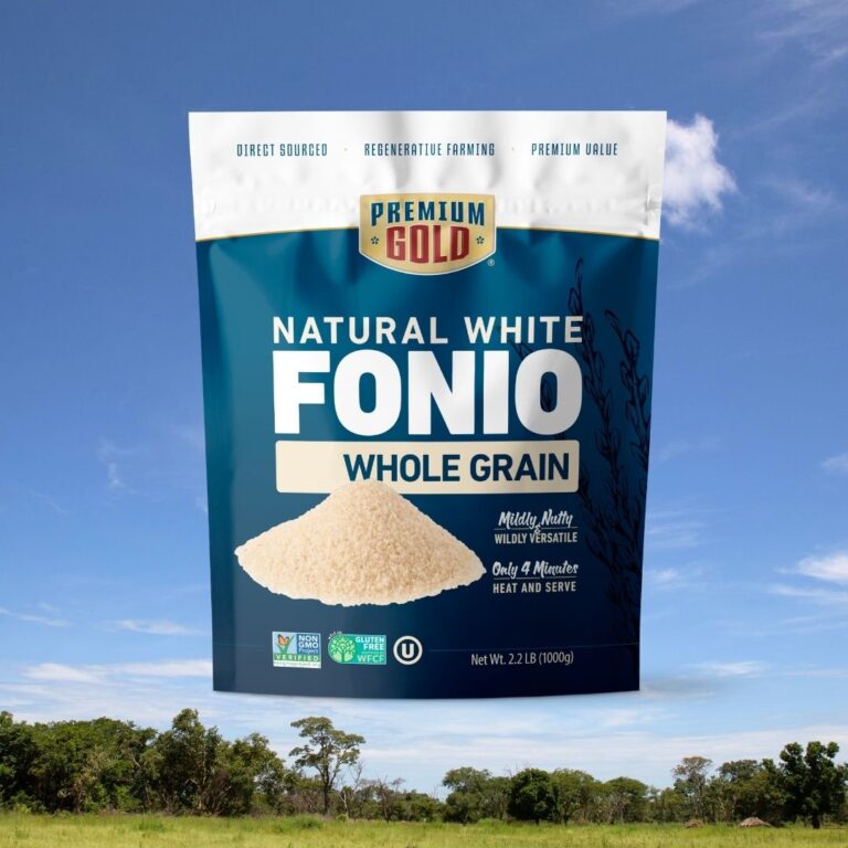 A bag of Premium Gold Fonio is displayed on blue sky background