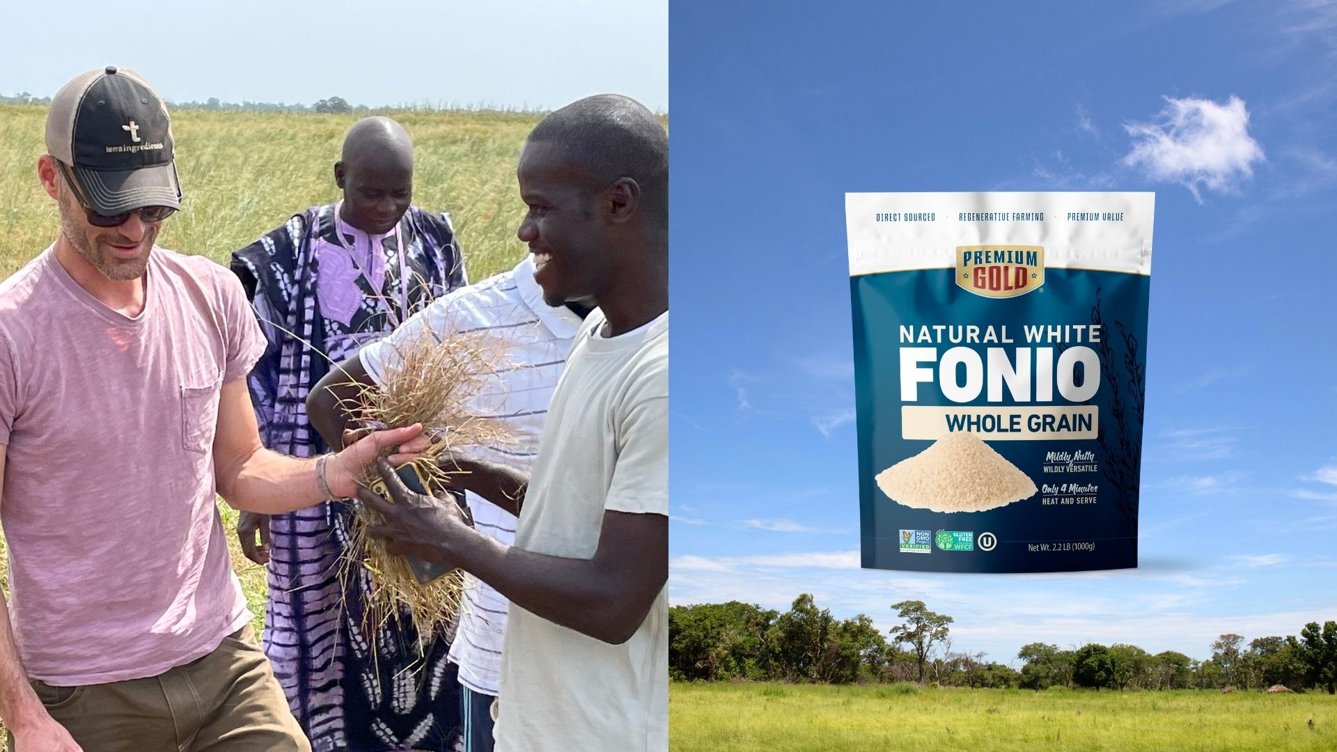 Two men are laughing while exchanging a bushel of grain in a field (left), with a food product package displayed over an open field and blue sky (right)
