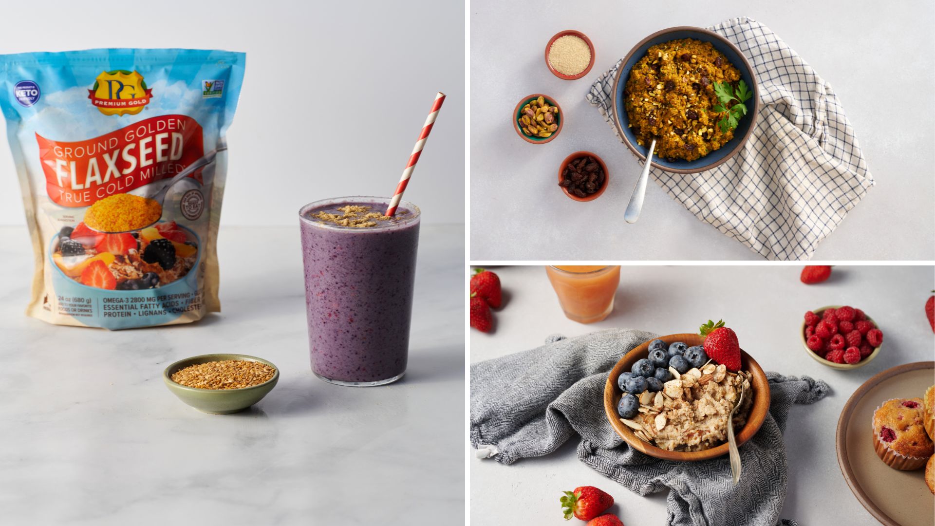 A bag of flax seed sits next to a purple fruit smoothie on the left, with bowls of curry and porridge displayed in the right two images